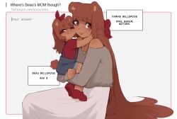 2girls anthro bear_girl beau_(luxurias) brown_body brown_eyes brown_hair english_text female female_only hi_res hugging long_hair looking_at_viewer luxurias milf mother_and_daughter not_porn smiling smiling_at_viewer text ursid very_long_hair wholesome