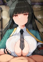 1boy 1girls ai_generated black_hair breasts female fox_ears fox_girl hi_res hoshimi_miyabi huge_breasts light-skinned_female light_skin long_hair male male_pov paizuri penis pov red_eyes renetan titjob zenless_zone_zero