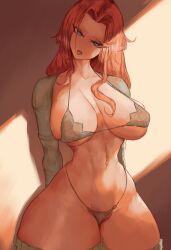 blue_eyes breasts ceevapi female long_hair navel open_mouth red_hair swimsuit thick_thighs thighs