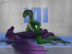 4:3 anthro aydaharart closed_eyes dragon duo female female_penetrated from_front_position green_body green_skin grey_background grey_body hand_on_leg hi_res lying male male/female missionary_position mythological_creature mythological_scalie mythology on_back penetration pink_body pink_scales purple_body purple_skin reptile scales scalie sex simple_background snake tiri wings