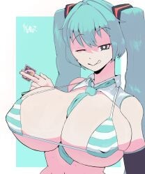 big_breasts blue_hair hatsune_miku micro_bikini nimtimb nipples slutty_clothes slutty_face slutty_pose tease teasing tongue_out uno_card