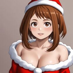 1girls ai_generated bare_shoulders brown_eyes brown_hair christmas christmas_clothing christmas_outfit cleavage large_breasts my_hero_academia ochako_uraraka red_clothing santa_hat sexy_santa shoulder_length_hair simple_background solo solo_female