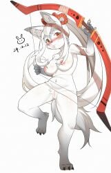 absurd_res anthro blushing_at_viewer bow_(weapon) breasts canid canine canis female genitals hakuro_(onmyoji) hi_res kemono mammal pussy ranged_weapon red_eyes solo weapon wolf