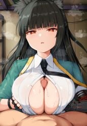 1boy 1girls ai_generated black_hair breasts female fox_ears fox_girl hi_res hoshimi_miyabi huge_breasts light-skinned_female light_skin long_hair male male_pov paizuri penis pov red_eyes renetan titjob zenless_zone_zero