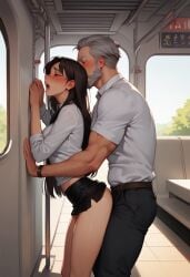 against_wall ai_generated black_hair blush brown_eyes clothed_sex fingering grey_hair handsome long_hair mini_slut moaning molestation muscular_male older_male primal_urges public short_skirt tall tight_clothing train younger_female