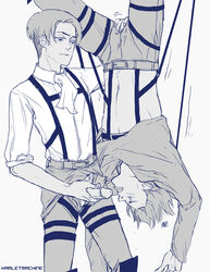 2boys attack_on_titan clothing eren_jaeger fellatio fully_clothed gay groping hamletmachine levi levi_ackerman male male/male male_only masturbation masturbation_through_clothing palming partially_clothed restrained shingeki_no_kyojin shirt_lift suspension upside-down yaoi