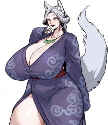 1girls 2d big_breasts breasts clothed female fox_ears fox_girl fox_tail gilf huge_breasts kimono kisuu mature_female milf mole_under_mouth original white_fur white_hair