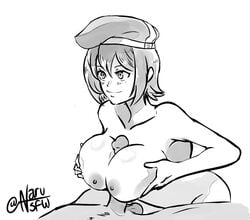 1boy 1girls ao_no_kiseki areolae beret big_penis breasts eiyuu_densetsu female grabbing_own_breast hat leaning_forward naru_nsfw nipples noel_seeker nude paizuri penis short_hair sketch testicles zero_no_kiseki