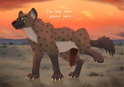 animal_genitalia bodily_fluids brown_body brown_fur claws dialogue digitoxici english_text female feral fur genital_fluids genitals grin hi_res hyena inner_ear_fluff looking_at_viewer mammal pseudo-penis raised_leg savanna sky smile solo spotted_hyena sunset talking_feral text tuft