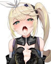 absurdres bare_shoulders black_gloves black_scrunchie blonde_hair blue_eyes blush breasts commentary_request cum cum_in_mouth cum_on_body cum_on_hands cum_pool female girls'_frontline girls'_frontline_2:_exilium gloves hair_ornament hair_scrunchie hairband head_tilt heart heart-shaped_pupils highres long_hair looking_at_viewer medium_breasts multicolored_hair narrowed_eyes open_mouth scrunchie sharkry_(girls'_frontline_2) side_ponytail simple_background solo streaked_hair sweat symbol-shaped_pupils white_background white_hairband yanagui_yugi yellow_pupils