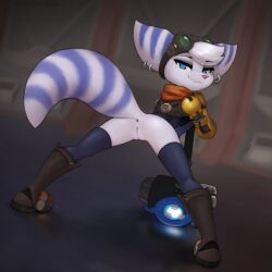 2024 anus ass bent_forward bent_over blue_eyes boots ear_piercing female female_only furry hammer lombax looking_at_viewer looking_back pawpadcomrade prosthetic_arm purple_fur pussy ratchet_and_clank ratchet_and_clank:_rift_apart rivet_(ratchet_and_clank) smirk sony_corporation sony_interactive_entertainment