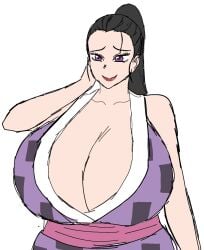 1female 1girls big_breasts black_hair blush cleavage curvaceous curvy demon_slayer enormous_breasts female female_only hinatsuru_(kimetsu_no_yaiba) huge_breasts japanese_clothes kimetsu_no_yaiba long_hair massive_breasts momiji_(artist) ponytail short_dress smile solo venus_body voluptuous wide_hips