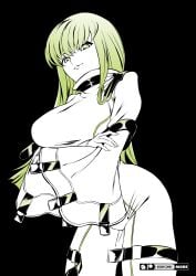 bangs bodysuit breasts c.c. clothing code_geass crossed_arms female green_eyes green_hair kiddycorky large_breasts legwear long_hair long_sleeves looking_at_viewer monochrome parted_lips smile solo standing straitjacket white_bodysuit wide_sleeves