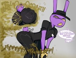 1boy 2024 2d 2d_(artwork) ass big_fart black_clothing brown_fart brown_fart_cloud bulge butt cartoony clothed english_text fart fart_cloud fart_fetish farting fully_clothed furry furry_only girly glitch_productions hat headwear jax_(the_amazing_digital_circus) jeans lagomorph long_ears lordsofgross_(artist) male male_fart male_only name_tag nonhuman onomatopoeia pockets purple_body purple_fur rabbit short_tail solo straining tail teeth text text_bubble the_amazing_digital_circus uniform