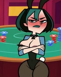 1girls ai_generated angry areola_slip bunny_ears bunny_tail cameltoe crossed_arms goth gwen_(tdi) indoors multicolored_hair poker_chip short_hair shy solo solo_focus stable_diffusion thick_thighs total_drama_island wide_hips