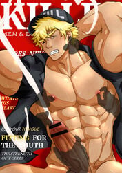 4boys abs absurdres arm_behind_head bar_censor bara bare_pecs baseball_cap biceps black_shirt blonde_hair censored cum ejaculation english_text erection excessive_cum gangbang group_sex handjob hat hataraku_saibou highres huzee_tiger killer_t_(hataraku_saibou) killer_t_cell licking male_focus military military_uniform multiple_boys muscular muscular_male naked_shirt navel nipple_licking nipple_tweak nipples one_eye_closed pectorals penis projectile_cum see-through_silhouette shirt short_hair short_sleeves solo_focus stomach uniform upper_body veins veiny_penis yellow_eyes