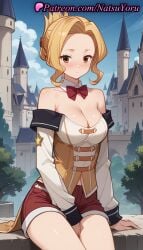 1girls ai_generated anime anime_style bare_shoulders between_legs blonde_hair blouse blue_sky blush bow bowtie breasts brown_eyes building bust busty castle cleavage closed_mouth cloud collarbone corset cowboy_shot day detached_collar detached_sleeves female female_focus female_only folded_ponytail forehead hand_between_legs hentai kono_subarashii_sekai_ni_shukufuku_wo! large_breasts long_sleeves looking_at_viewer luna_(konosuba) medium_breasts natsuyoru off-shoulder_shirt off_shoulder outdoors parted_bangs red_bow red_bowtie red_shorts shirt short_shorts shorts sidelocks sitting skirt sky solo solo_female thighs tree voluptuous voluptuous_female white_shirt