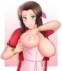 aerith_gainsborough alternate_version_available big_breasts blush bracelet braid braided_hair breasts breasts_out brown_hair busty covering_one_breast exposed_breasts exposing_chest final_fantasy final_fantasy_vii final_fantasy_vii_remake fully_clothed green_eyes hair_ornament hair_ribbon hairbow huge_breasts jewelry lackatask large_breasts looking_at_viewer nipples pink_dress pulling_out_breasts shy