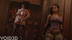 3d alcina_dimitrescu balls big_breasts breasts capcom clothed clothed_female clothed_female_nude_futanari clothing dark-skinned_female dark_skin erection futanari hiding light-skinned_futanari light_skin nipples nude nude_futanari penis resident_evil scared sheva_alomar void3d