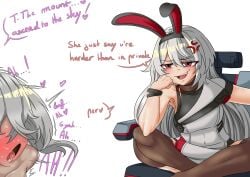 2girls android angry angry_expression angry_vein bunny_ears dark_skin dominant_male dominated domination girls'_frontline_2:_exilium implied_sex krolik nemesis_(girls'_frontline_2) pantyhose red_eyes silver_hair smug snaggle_tooth translation white_hair