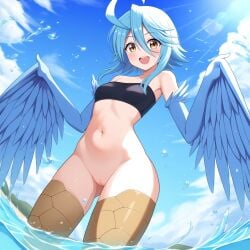 1girls ai_generated aigbrea ass_visible_through_thighs beach belly_button black_topwear blue_feathers blue_hair bottomless casual clouds feathers harpy large_ass monster_girl monster_musume_no_iru_nichijou outdoors papi_(monster_musume) short_hair small_breasts smile tubetop water wings yellow_eyes