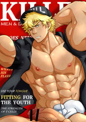 1boy abs absurdres arm_behind_head bar_censor bara bare_pecs baseball_cap biceps black_shirt blonde_hair censored english_text flaccid hat hataraku_saibou highres huzee_tiger killer_t_(hataraku_saibou) killer_t_cell male_focus military military_uniform muscular muscular_male naked_shirt navel nipples one_eye_closed pectorals penis shirt short_hair short_sleeves solo stomach uniform upper_body veins veiny_penis yellow_eyes