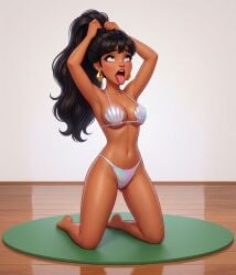 ahe_gao ai_generated bare_shoulders black_hair brown_eyes brown_skin chel chel_(the_road_to_el_dorado) clam_shell_bra earrings grabbing_hair grabbing_own_hair holding_hair kneeling on_knees pulling_hair seductive_look spread_knees the_road_to_el_dorado tongue_out wooden_floor yoga_mat