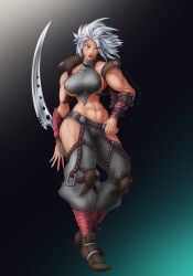 abs athletic athletic_female back_muscles biceps big_breasts big_muscles big_thighs breasts chipp_zanuff craaabe genderswap_(mtf) guilty_gear_strive large_breasts massive_breasts nipples red_eyes rule63 shoulders toned toned_body triceps white_hair