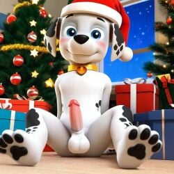 1boy ai_generated anthro balls blue_eyes christmas christmas_background christmas_decorations christmas_hat christmas_presents christmas_tree dalmatian dog_collar luxeraora10 male male_only marshall_(paw_patrol) paw_patrol penis solo_male tensor.art