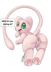 absurd_res anthro anus ass bodily_fluids cheek_tuft clitoral_hood clitoris eyelashes facial_tuft female floating fur generation_1_pokemon genital_fluids genitals green_eyes head_tuft hi_res humanoid_genitalia legendary_pokemon looking_at_viewer looking_back looking_back_at_viewer mew_(pokemon) miyedsam nintendo pawpads paws pink_body pink_fur pokemon pokemon_(species) presenting presenting_hindquarters pussy raised_tail rear_view smile solo speech_bubble tail tail_tuft tuft vaginal_fluids