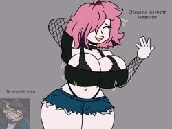 big_breasts bra choker closed_eyes female fishnets indie_virtual_youtuber latam_virtual_youtuber motion_lines navel neneefthy pink_hair short_hair shorts simple_background smile spanish_text thick_ass thick_thighs thighs thighs_bigger_than_head thighs_bigger_than_torso thong virtual_youtuber vtuber