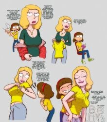 2girls annoyed beth_smith blonde_hair breast_grab brown_hair dialogue drockdraw green_shirt incest jerry_smith large_breasts looking_at_another morticia_smith mother_and_daughter rick_and_morty summer_smith yellow_shirt