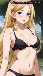 1girls ai_generated anime anime_style bangs bare_arms bare_shoulders bishamon bishamon_(noragami) black_bra black_panties blonde_hair blush bra breasts bush bust busty cleavage collarbone day female female_focus female_only large_breasts long_hair looking_at_viewer medium_breasts natsuyoru navel noragami outdoors panties pantsu parted_bangs parted_lips purple_eyes red_lips sky solo solo_female stomach straight_hair tree underwear underwear_only upper_body very_long_hair voluptuous voluptuous_female