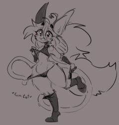 anthro blush canine cheerful cum.cat femboy fennec fox foxboy fur furry long_hair magical_girl_outfit monochrome open_smile penta_(cum.cat) ponytail smile undressing