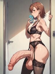 1futa 2024 ai_generated brown_hair eyebrows eyebrows_visible_through_hair futanari grapesss holding_object holding_phone huge_balls huge_cock indoors lingerie misaka_mikoto phone selfie short_hair solo solo_focus solo_futa thighs to_aru_kagaku_no_railgun to_aru_majutsu_no_index veiny_penis