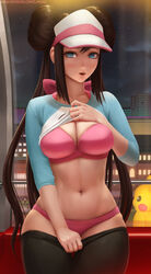 1girls 2020 abs absurdres artist_name blue_eyes blush bra breasts brown_hair city_background cityscape female hat high_resolution highres indoors limgae looking_at_viewer navel night nintendo open_mouth panties pantyhose pantyhose_pull patreon patreon_reward patreon_username pikachu pink_bra pink_panties pokemon pokemon_bw2 presenting presenting_panties rosa_(pokemon) solo_focus twintails underwear upper_teeth url window