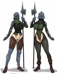 2021 2girls armor big_breasts boots breasts brigandine_armor faceless_female female g-string gambeson gauntlets greaves halberd helmet hi_res highres holding_polearm holding_weapon hosen huge_breasts kettle_helmet knight leggings leotard looking_at_viewer medieval medieval_armour mordhau nisetanaqa panties plate_armor polearm poleyn sallet shoulder_pads simple_background skimpy_armor spaulders splint_armor thick_thighs thong_leotard visor weapon white_background