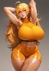 1girl 1girls ai_generated armpit armpits big_lips blonde_hair breasts full_lips gym_clothes huge_breasts hugoroman lips midriff navel navel_visible_through_clothes purple_eyes rwby solo sweat sweating sweaty sweaty_armpits thick_thighs thigh_gap toned toned_body toned_female wide_hips yang_xiao_long yoga_shorts