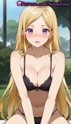 1girls ai_generated anime anime_style asian bangs bare_arms bare_shoulders between_legs bishamon bishamon_(noragami) black_bra black_panties blonde_hair blue_sky blush bow bow_bra bra breasts breasts_squeezed_together bush bust busty cleavage collarbone day female female_focus female_only hentai indoors lace-trimmed_bra lingerie lipstick long_hair looking_at_viewer medium_breasts natsuyoru navel noragami nose_blush open_mouth outdoors panties pantsu parted_bangs parted_lips purple_eyes red_lips sitting skindentation sky solo solo_female stomach straight_hair tree underwear underwear_only v_arms very_long_hair voluptuous voluptuous_female