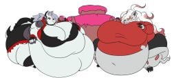 2022 anthro ass belly big_belly big_breasts breasts cake canid canid_demon canine clothed clothing collar demon dessert digital_media_(artwork) duo eating female food fur generation_8_pokemon grey_hair hair hellhound helluva_boss hisuian_form hisuian_zoroark huge_breasts humanoid loona_(helluva_boss) madnevil mammal morbidly_obese morbidly_obese_anthro morbidly_obese_female mythological_canine mythological_creature mythology nintendo obese obese_anthro obese_female overweight overweight_anthro overweight_female pokemon pokemon_(species) pokemon_legends_arceus ponytail red_sclera regional_form_(pokemon) simple_background sitting spiked_collar spikes thick_thighs white_body white_fur wide_hips zoroark