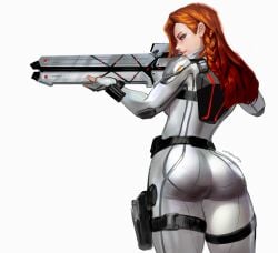 ass ass back_ backshot big_ass big_butt black_widow_(marvel) black_widow_(marvel_rivals) blue_eyes fat_ass female female_only gun hips marvel marvel_cinematic_universe marvel_comics marvel_rivals mashingvaquita natasha_romanoff red_hair redhead_female skintight skintight_bodysuit skintight_clothing skintight_suit thick_ass thick_hips thick_thighs thighs white_suit wide_hips