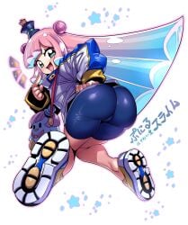 ass big_ass bike_shorts blue_hair blush cameltoe double_bun female full_body gradient_hair green_eyes hair_bun hat highres huge_ass jacket looking_at_viewer looking_back monster_girl multicolored_hair open_mouth pink_hair puniru_(puniru_wa_kawaii_slime) puniru_wa_kawaii_slime shoes skin_tight skindentation slime_girl smile sneakers solo star_(symbol) track_jacket tsuki_wani two-tone_hair white_background