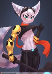 1girls blue_eyes breasts chrysalisdraws cybernetic_arm cybernetic_limb cybernetics female female_only furry furry_only handwear lombax lombax_girl mechanical nipple_piercing nipples prosthetic prosthetic_arm prosthetic_limb ratchet_and_clank ratchet_and_clank:_rift_apart rivet_(ratchet_and_clank) shirt_lift shirt_up small_breasts solo weapon white_fur