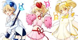 1boy aether_(genshin_impact) amulet_heart blonde_hair crossdressing femboy feminization genshin_impact gold_eyes hair_ornament long_hair looking_at_viewer male male_only midriff shugo_chara skirt solo