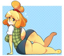 animal_crossing ass back backview blue_skirt breasts butt_crack canine cute exhorsecat fanart flushed game gaming hip isabelle_(animal_crossing) nintendo paw paws pencil_skirt pussy skirt smug thighs tight_skirt upskirt