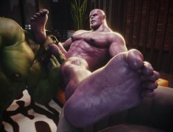 2boys 3d balls bara big_feet black_hair blowjob buff curled_toes curling_toes dace_renders eyes_rolling_back foot_fetish foot_focus gay green_skin hand_on_penis hulk leg_around_neck living_room looking_at_partner looking_down male male_only marvel muscular muscular_male naked penis purple_skin sole_focus thanos