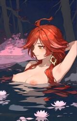 1girls ai_generated alternate_version_available bathing breasts female genshin_impact hands_behind_head hot_spring large_breasts light-skinned_female mavuika_(genshin_impact) mihoyo nipples nipples_variant nude red_hair solo