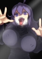 big_breasts black_background black_hair dress drooling hex_maniac long_hair mmmikedaya narisokonai_(mmmikedaya) pokemon pokemon_character pressed_on_glass pressing pressing_breasts raven_hair swirly_eyes tagme tongue_out