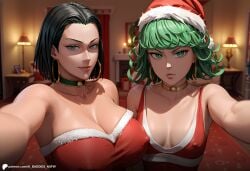 ai_assisted ai_baddies ai_generated anime black_hair christmas christmas_outfit close-up cowboy_shot curly_hair festive fubuki_(one-punch_man) gift green_eyes green_hair holidays inside large_breasts looking_at_viewer one-punch_man party patreon patreon_link patreon_logo patreon_url patreon_username pout red_dress santa_costume santa_hat selfie short_hair small_breasts smirk tatsumaki