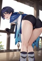 1boy ai_generated ass ballsack bare_legs bare_thighs bending_over bent_over blue_eyes blue_hair bubble_butt bulge fully_clothed genshin_impact gloves legs male male_only mascara revealing revealing_clothes scaramouche_(genshin_impact) shorts suggestive_pose sweat thighs twink